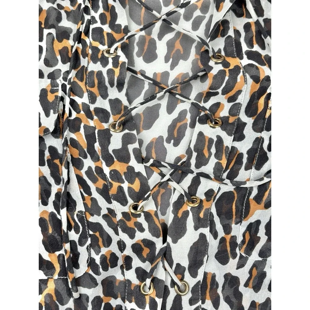 Tory Burch Leopard Print Lace‎ Up Tunic Blouse Silk Blend Size Small